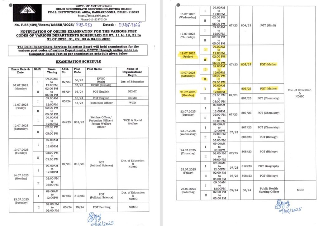 DSSSB PGT Dates announced